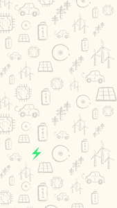 Downloadable Android wallpaper shows illustrated clean energy icons on creamy background. Features solar panels, wind turbines, microchips, telephone wires, batteries, and plug in EV cars